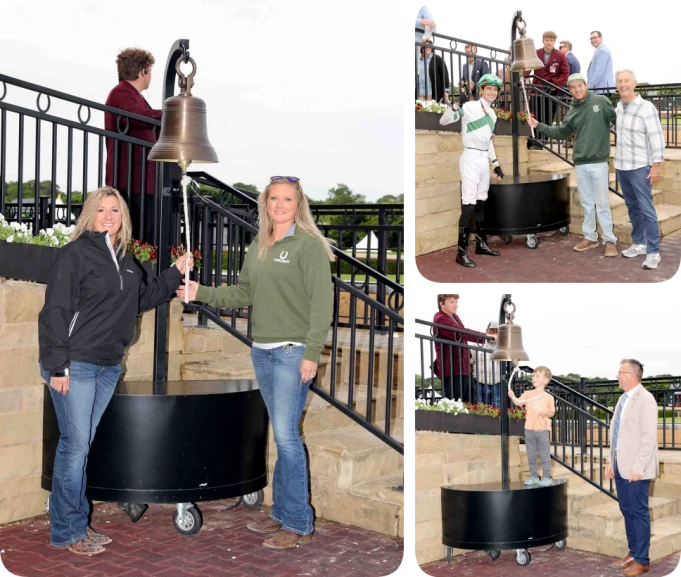 Race Horse Adoption in Arkansas - Track Bell Photos Race horse track bell photos next to staff, trainers, and jockey
